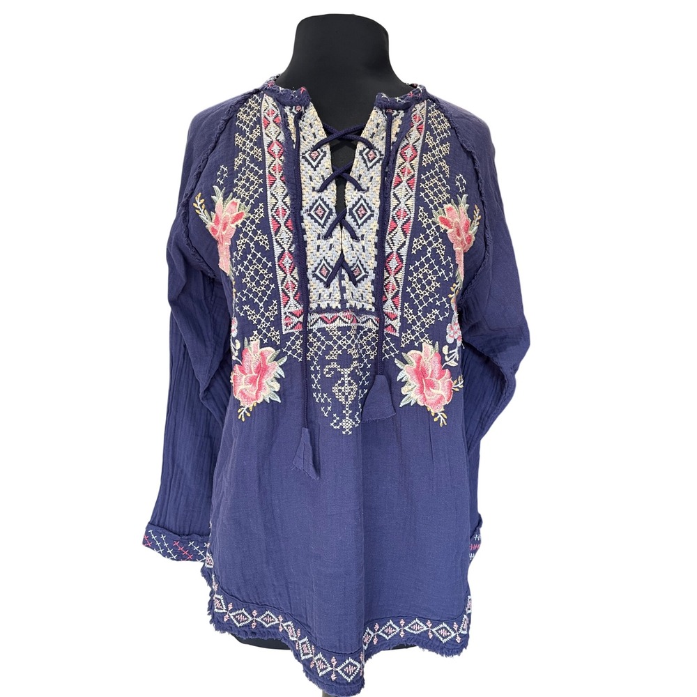 Johnny Was Navy Blue Embroidered Cotton Gauze Boho Peasant Blouse Small P18023-A